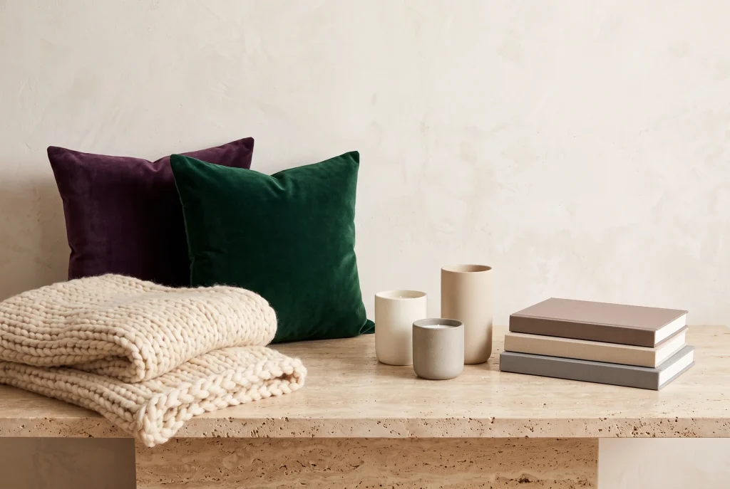 Plum and emerald velvet cushions with a chunky cream knit throw, three ceramic candle vessels, and a stack of cloth-bound books on a travertine bench