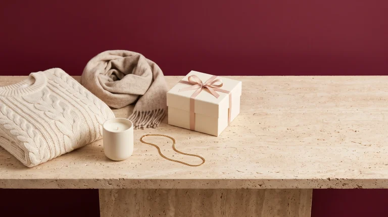 A folded cream knit sweater, an oatmeal wool scarf, a ceramic candle, a gold chain, and a ribbon-tied gift box on travertine against a deep burgundy wall