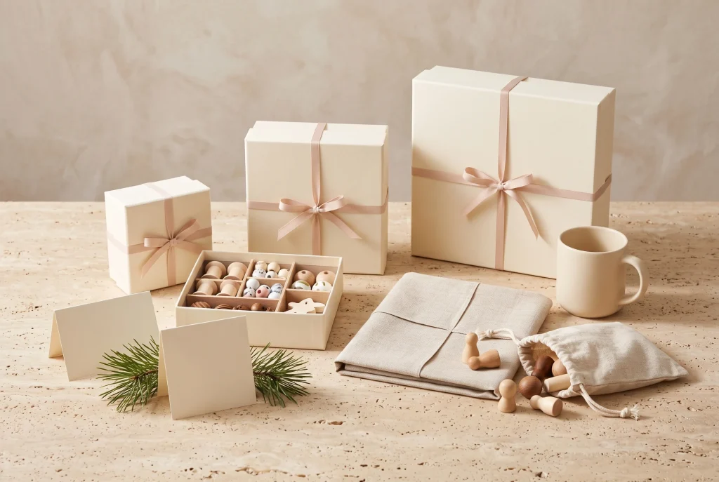 Three ribbon-tied cream gift boxes with a bead craft set, wooden game pieces in a drawstring bag, a linen wrap, blank cards, pine sprigs, and a mug