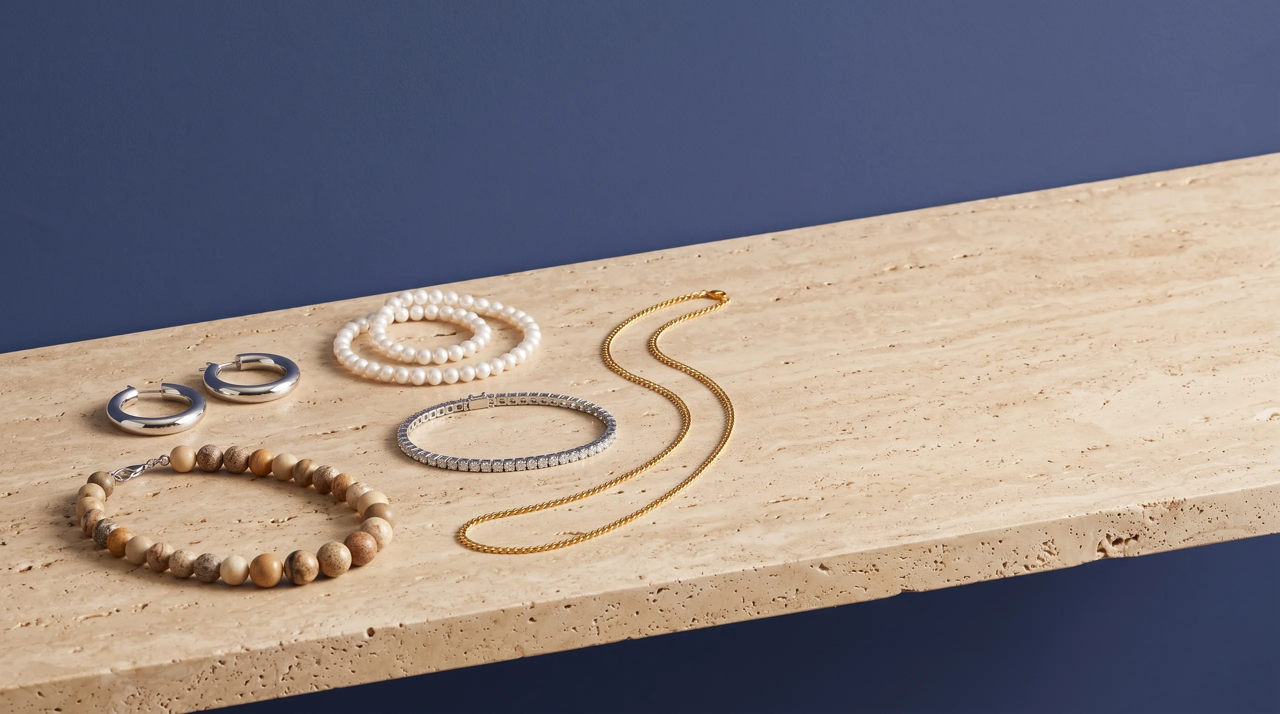 Silver hoop earrings, pearl and stone bead bracelets, a diamond tennis bracelet, and a gold curb chain on a travertine ledge against a deep blue wall