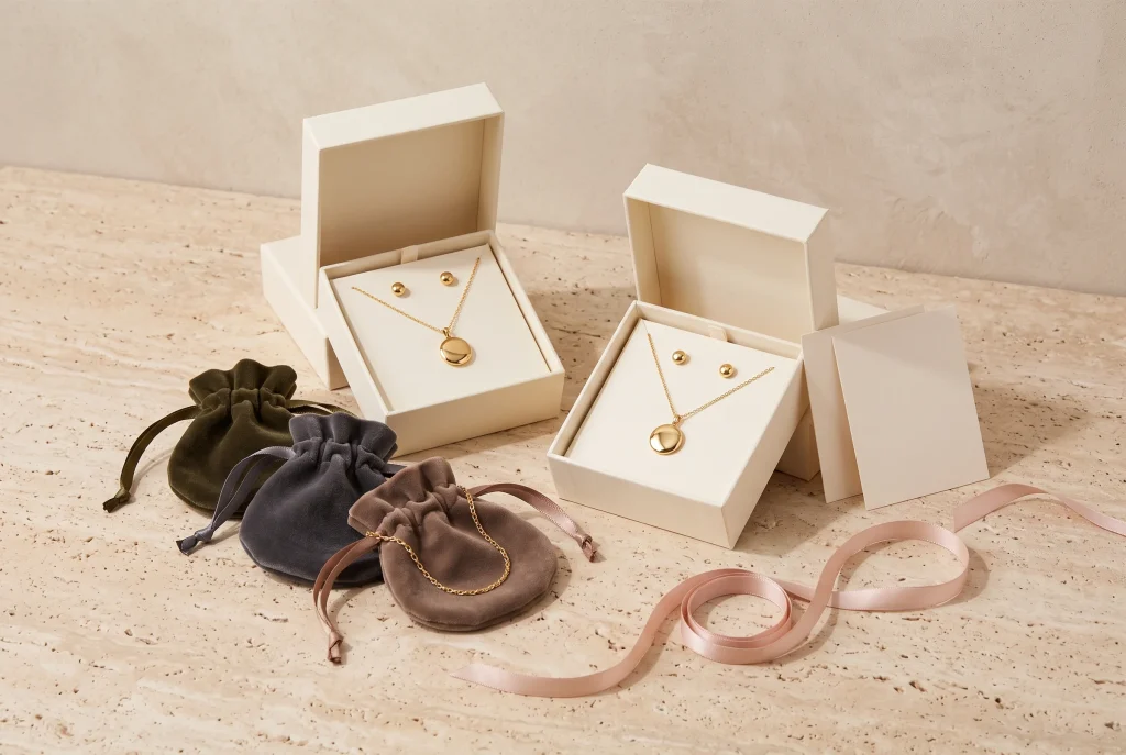 Two open cream boxes holding gold pendant and stud earring sets, with olive, grey, and taupe velvet pouches, a blank card, and pink satin ribbon