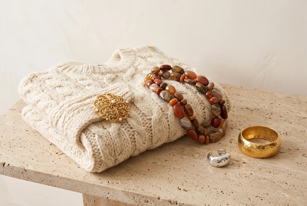 A gold filigree brooch pinned to a folded cream cable-knit sweater with agate and jasper bead necklaces, a chunky silver ring, and a hammered gold bangle