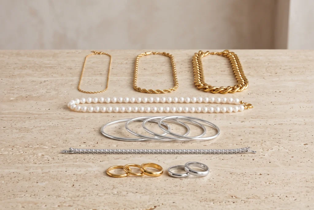 Three gold chains at rising weights above a pearl strand, four silver bangles, a diamond tennis bracelet, and gold and silver band rings on travertine