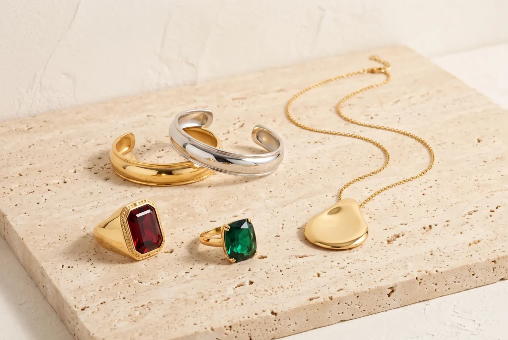 A wide gold cuff and a two-tone silver and gold cuff with a red stone signet ring, a green stone cocktail ring, and a gold pebble pendant on travertine