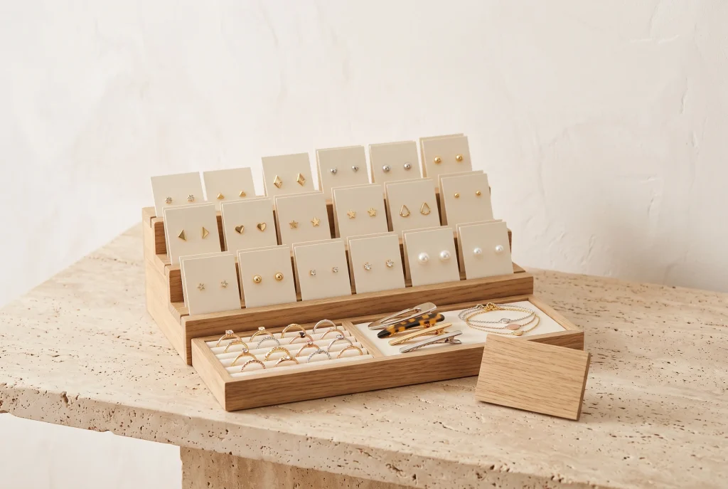 A tiered oak display of stud earrings on cream cards above a tray of stacking rings, hair clips, and fine chain bracelets on a travertine counter