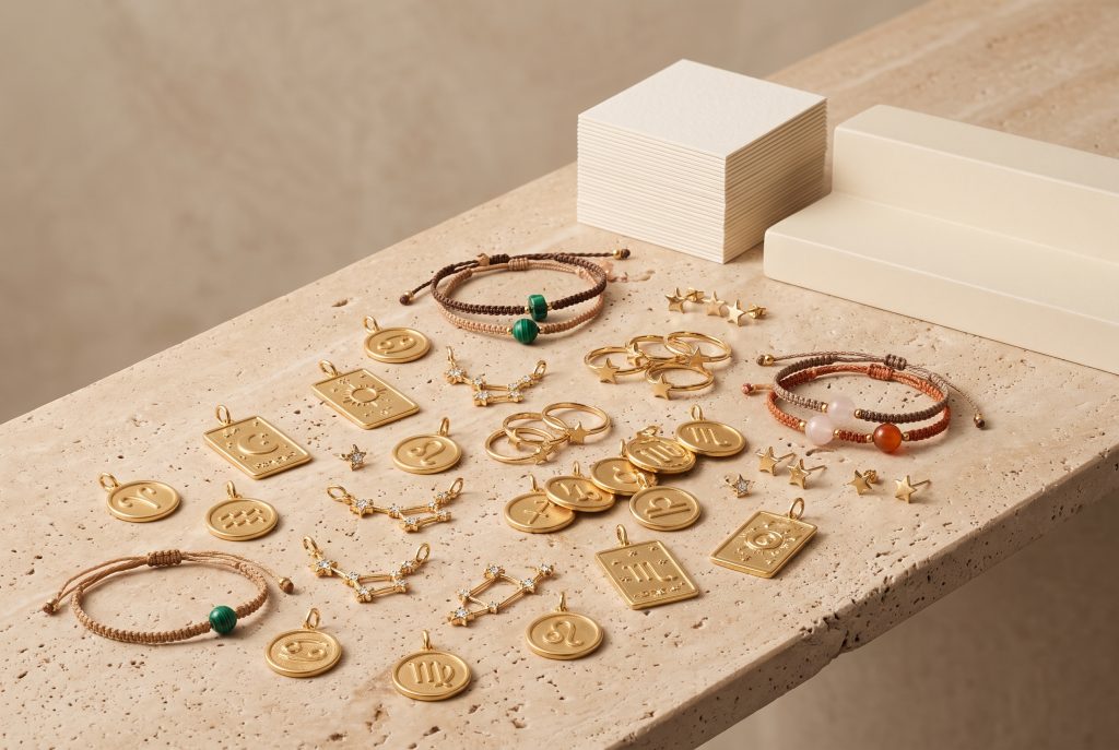 Twelve gold coin pendants, each embossed with a different zodiac symbol, laid on cream cards in a grid of three rows on travertine