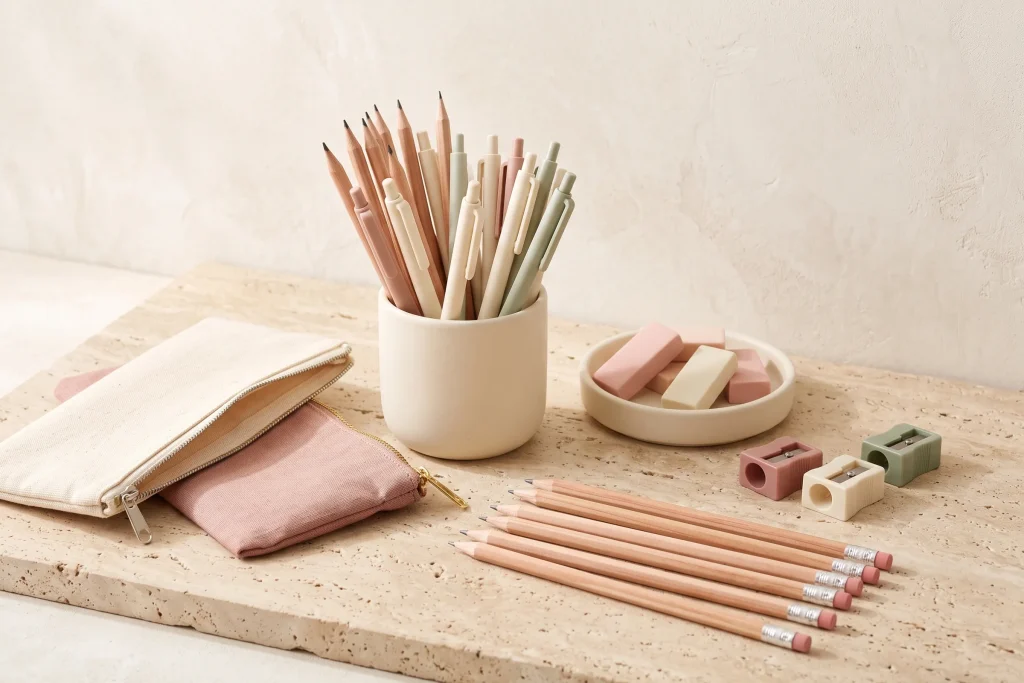 Pencils and pens in a cream ceramic cup beside two canvas pencil pouches, a dish of erasers and three pencil sharpeners