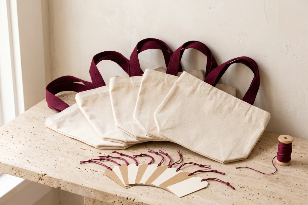 Five blank cream canvas tote bags with burgundy handles fanned in a row beside blank kraft hang tags and a spool of string, on travertine