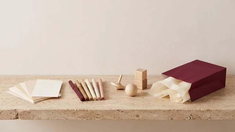 Blank sticker sheets, colored markers and small wooden toys laid out beside an open burgundy goodie bag with cream tissue, on travertine