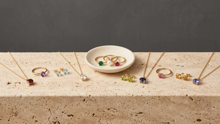 Gold birthstone necklaces, rings and stud earrings in twelve different colored stones on travertine, with three rings on a cream dish