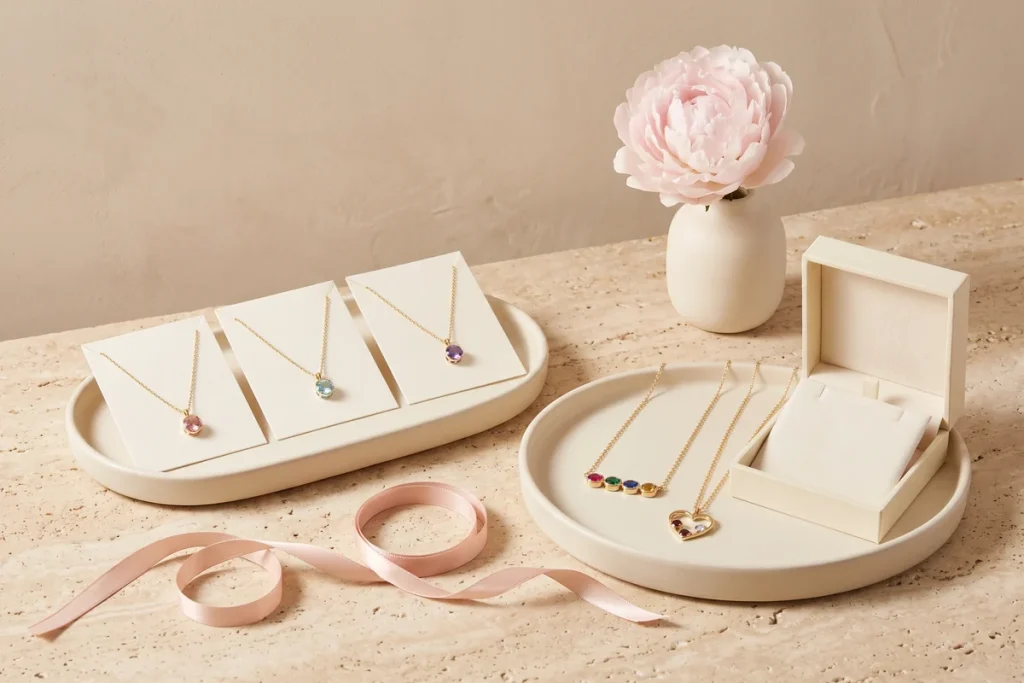 Gold birthstone pendants on cream cards beside a four-stone bar necklace, an open heart pendant, an open gift box, blush ribbon and a pink peony