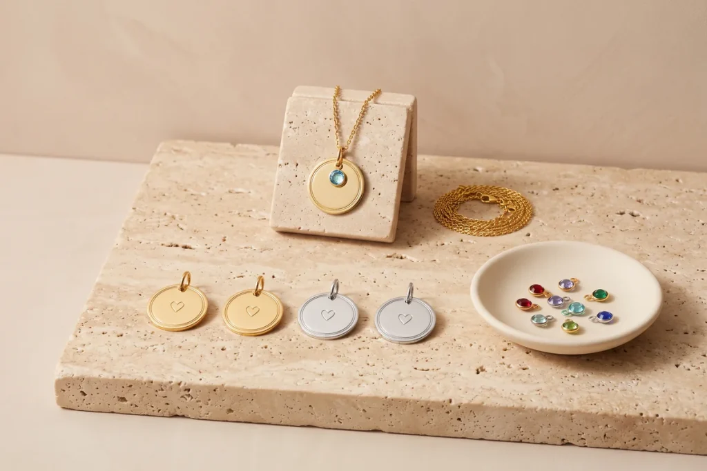 Gold and silver disc pendants engraved with a heart, a gold disc necklace with an aqua birthstone charm, and a dish of colored birthstone charms
