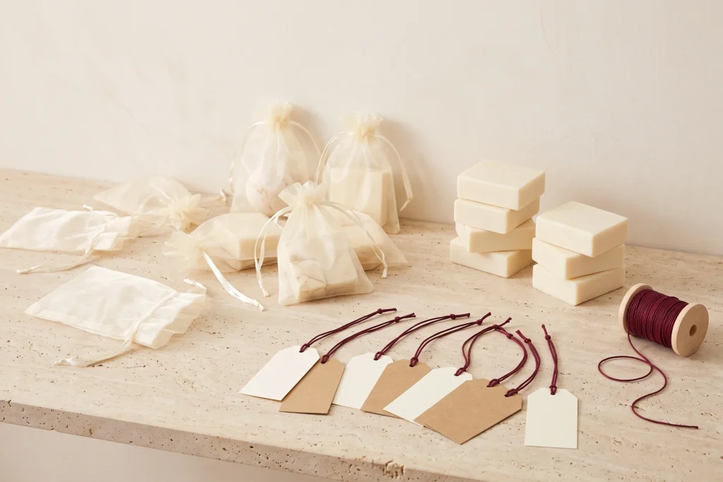 Sheer ivory organza bags scattered beside blank kraft hang tags on burgundy cord and stacked cream soap bars, laid out for assembly