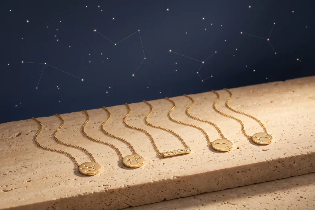 Five gold constellation pendant necklaces laid on a travertine ledge in front of a navy wall painted with stars and constellation lines