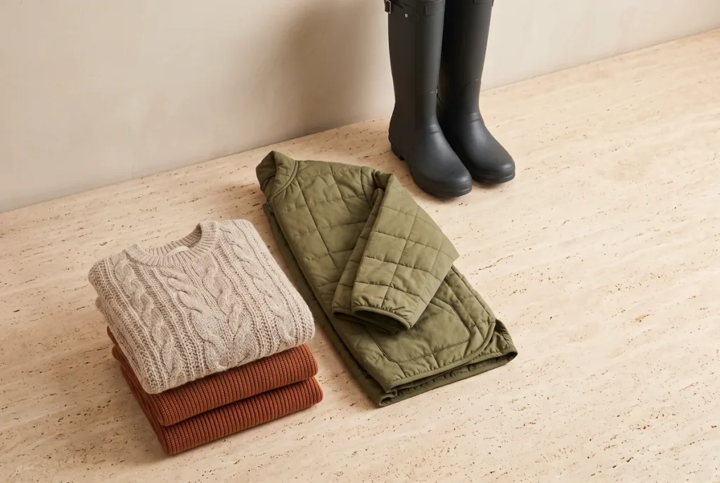 A stack of oatmeal and rust knit sweaters beside a folded olive quilted jacket and black rain boots on travertine