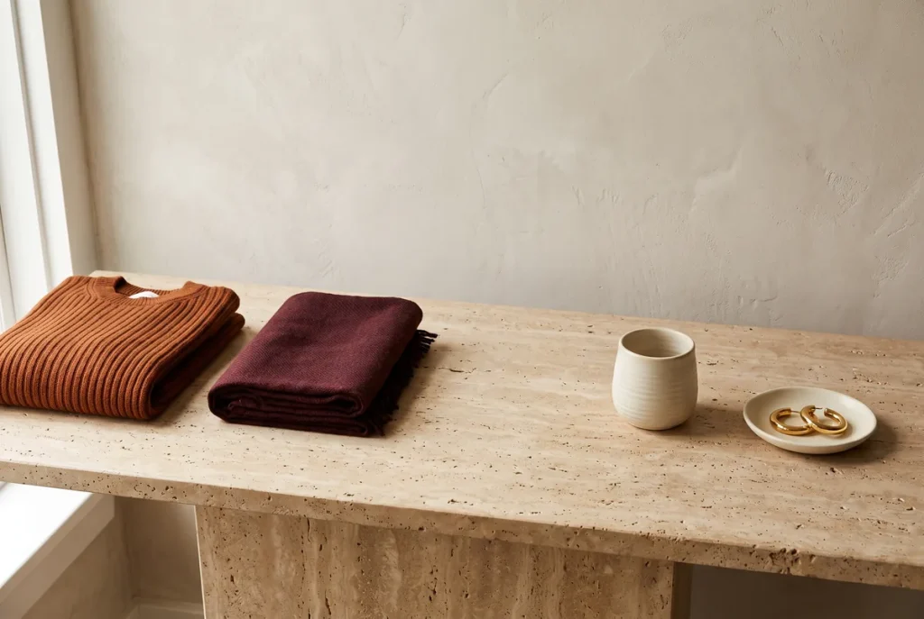 A rust knit sweater and burgundy scarf at one end of a travertine console with a wide gap before a cream cup and gold hoop earrings
