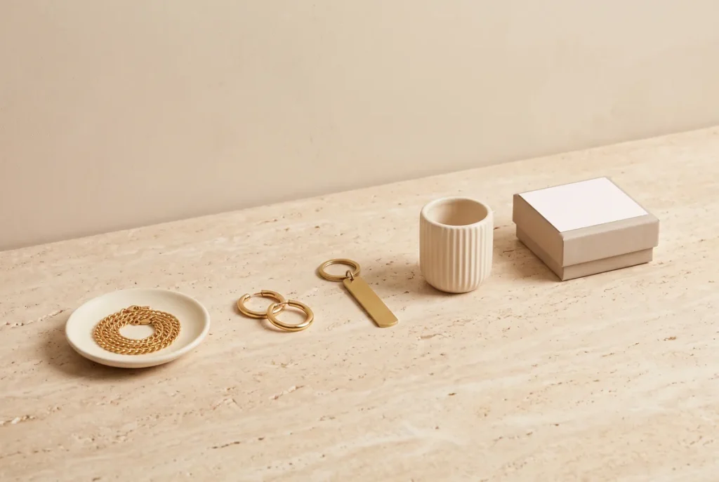 A gold chain necklace on a cream dish, gold hoop earrings, a brass keychain, a ribbed cream vessel and a blank gift box on travertine