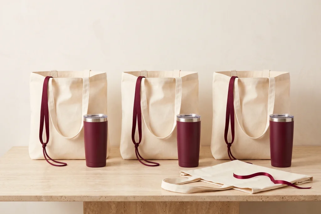 Three matching gift sets in a row, each an open ivory tote with a burgundy lanyard draped over it and a burgundy tumbler in front