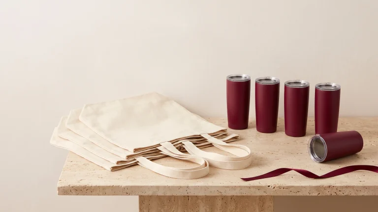 Six plain ivory canvas tote bags fanned in a row beside five matte burgundy insulated tumblers lined up on a travertine ledge
