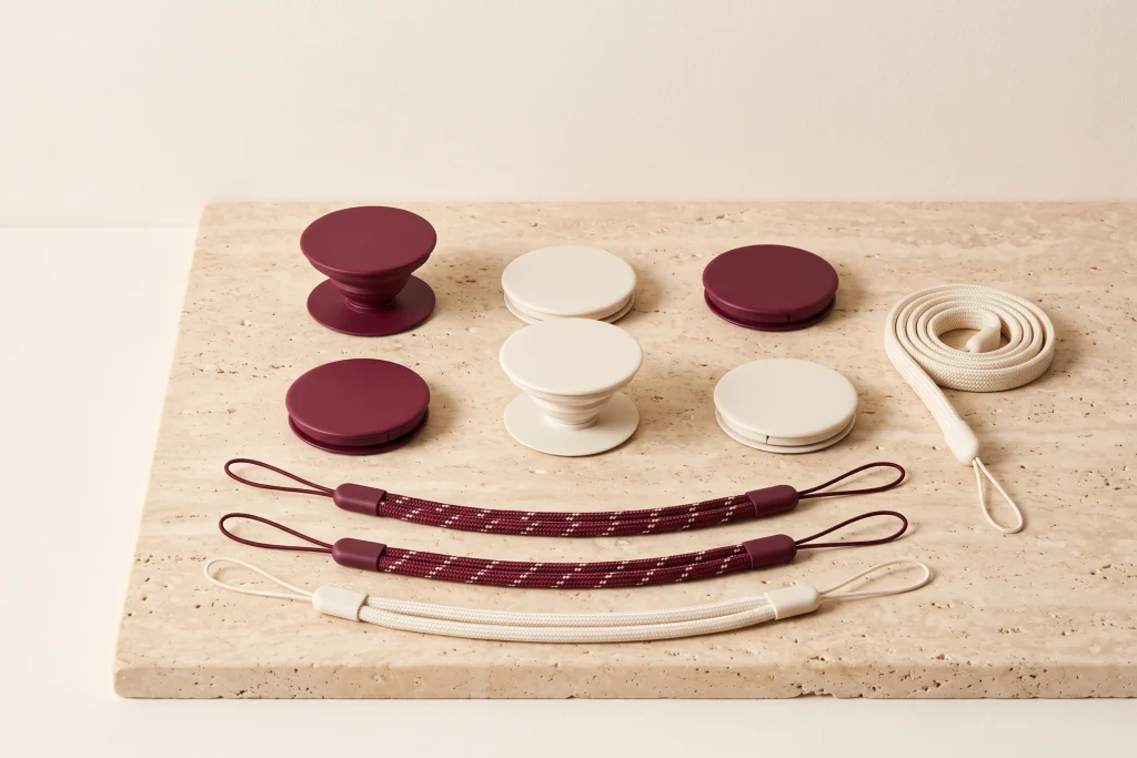 Six round phone grip sockets in burgundy and ivory laid in two rows above three woven phone lanyards on travertine