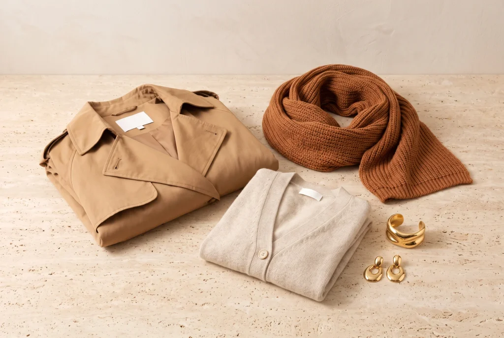 A folded tan trench coat, an oatmeal cardigan, a coiled rust ribbed scarf, a gold cuff and gold drop earrings arranged on travertine for fall layering
