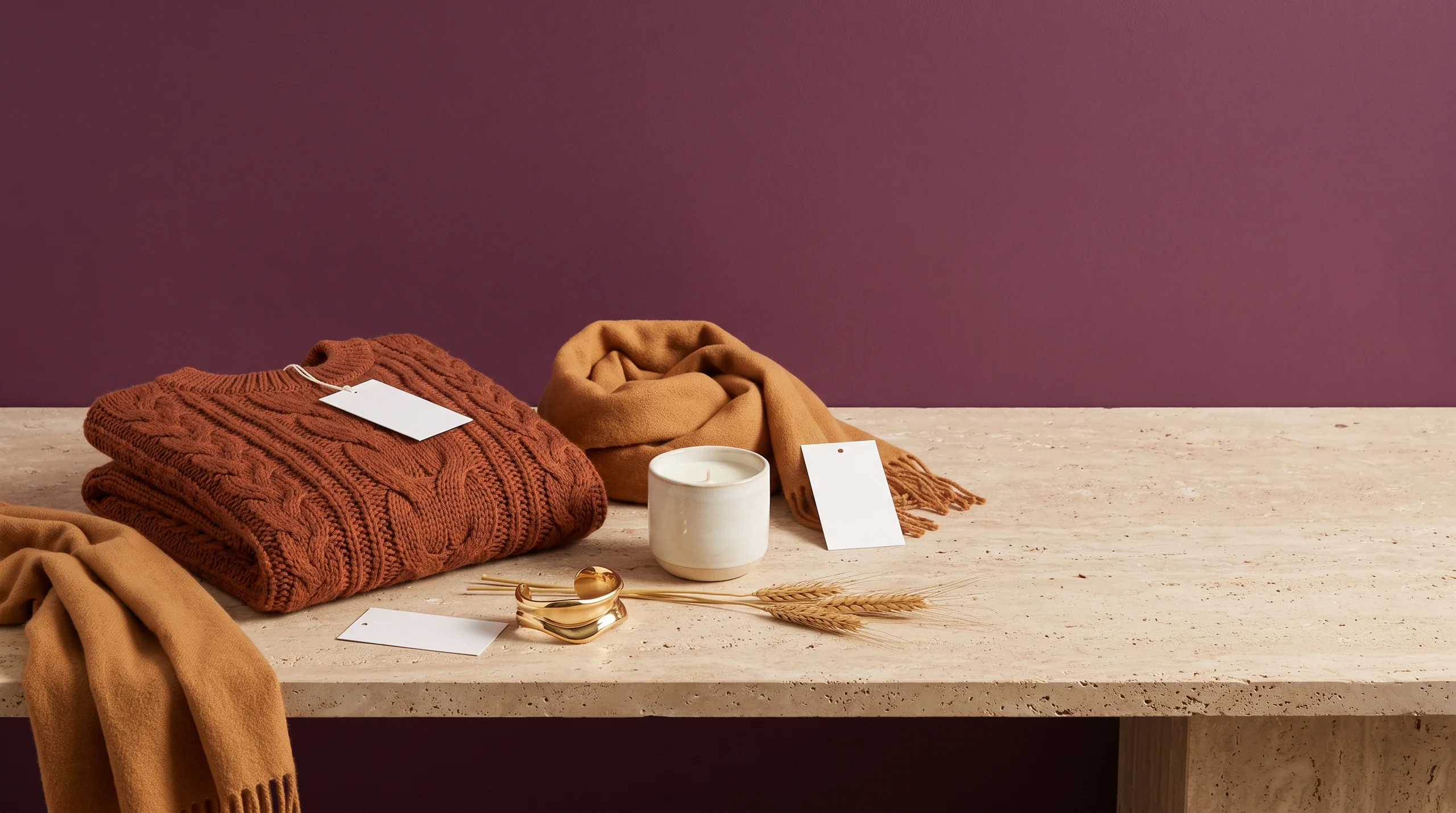 A folded rust cable-knit sweater, a camel wool scarf, a cream ceramic candle, a gold cuff and dried wheat on a travertine bench against a deep plum wall