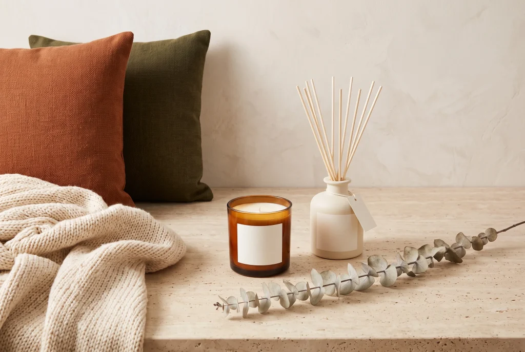 Rust and olive cushions with a cream knit throw, an amber glass candle, a ceramic reed diffuser and a dried eucalyptus stem on a travertine bench