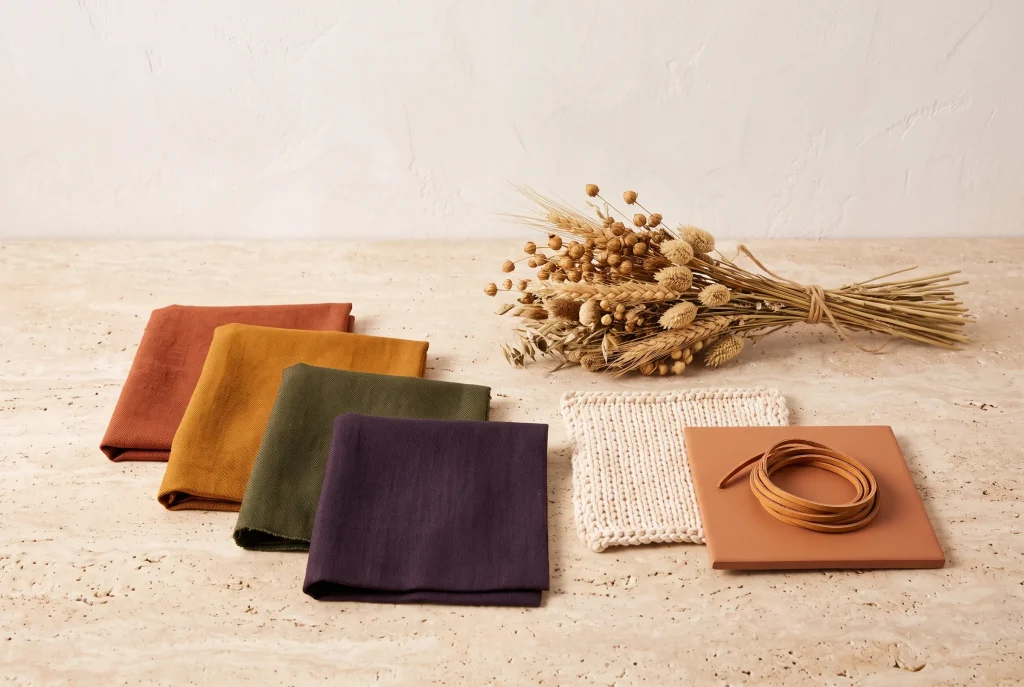 Fabric swatches in rust, marigold, olive and aubergine beside dried wheat, a cream knit swatch and a terracotta tile with coiled leather cord, on travertine