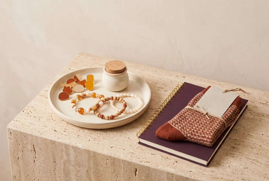 A cream tray of enamel pins, a cork-lidded jar and three beaded bracelets beside a plum notebook and rust patterned socks tied with twine, on travertine