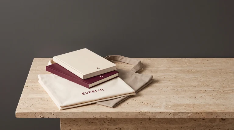 Two cream and burgundy Everful journals stacked on folded cream and taupe branded tote bags on travertine against a charcoal wall