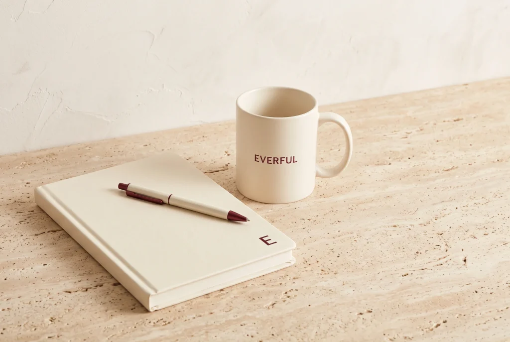 A cream Everful notebook with a small burgundy E on the cover, a branded pen across it, and a matching cream Everful mug on a travertine surface