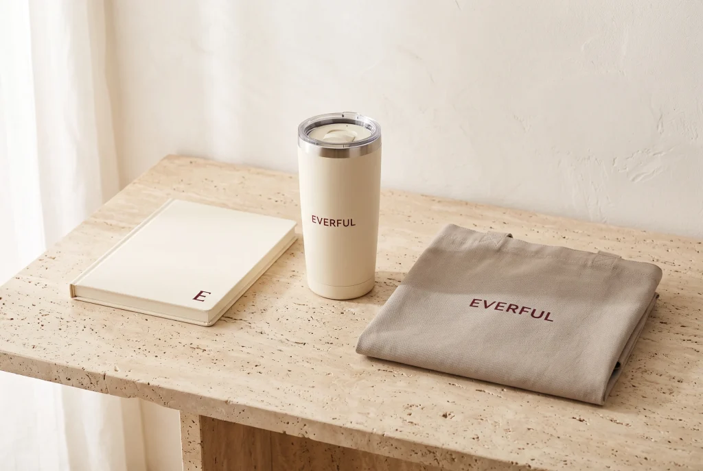 A cream Everful notebook, a matte cream branded tumbler and a folded taupe Everful tote bag laid in a row on travertine as a single gift set
