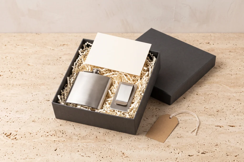 An open charcoal gift box of cream crinkle filler holding a brushed steel flask and a money clip with a blank card, the lid and a kraft tag on travertine