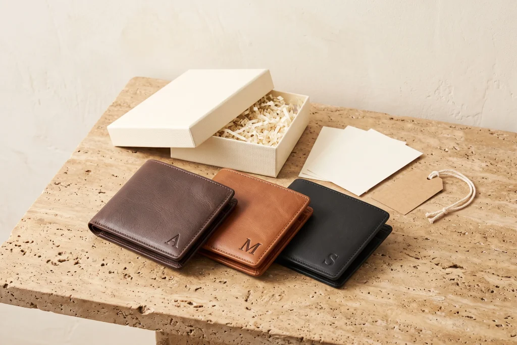 Three leather wallets in dark brown, tan and black, each debossed with a single initial, with a cream box of crinkle filler, blank cards and a kraft tag