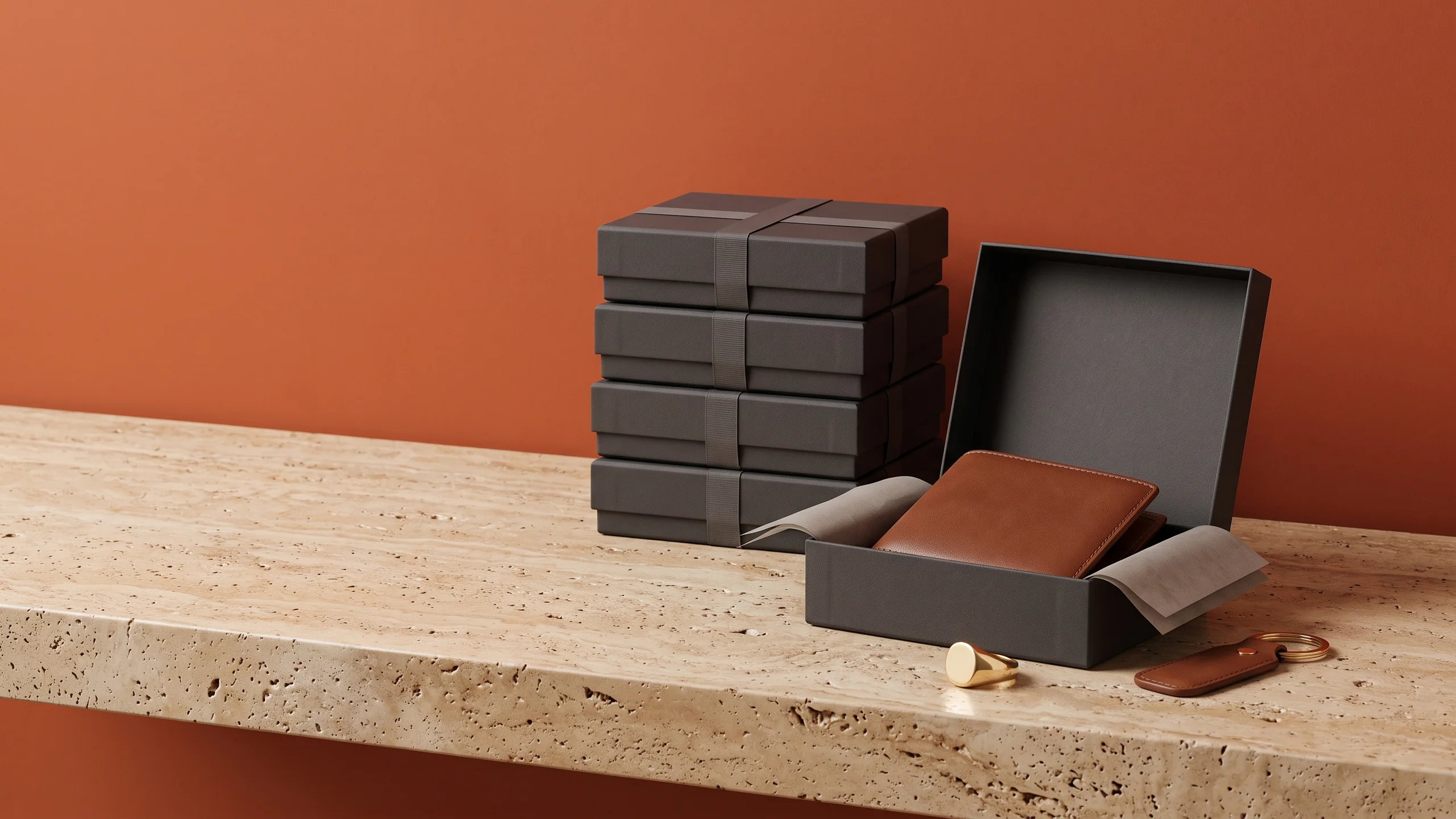 Two stacks of grey gift boxes on a travertine ledge beside an open box holding a brown leather wallet, a gold signet ring and a keychain, on burnt orange