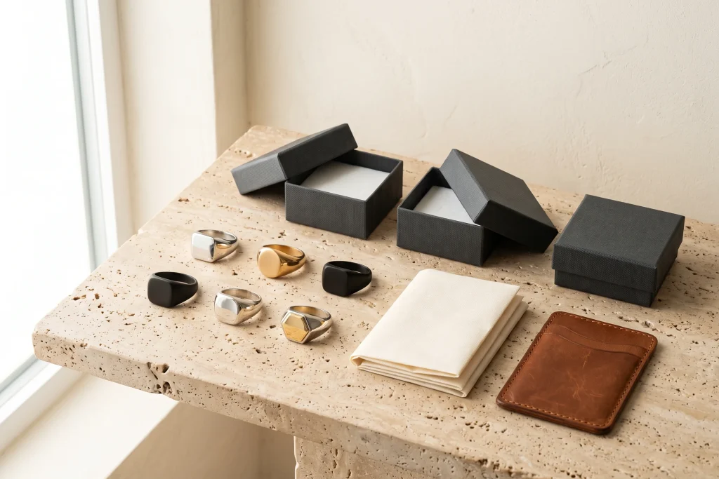 Six signet rings in silver, gold, two-tone and black on travertine by a window, with three charcoal gift boxes, folded cream cloth and a leather cardholder