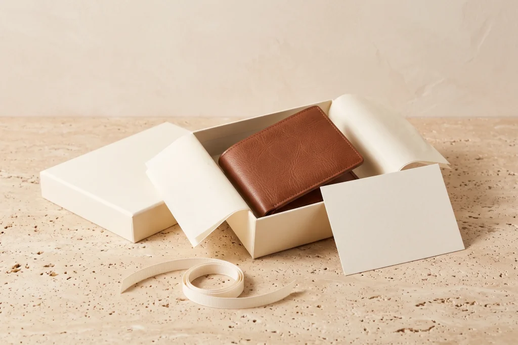 An open cream gift box on travertine holding a brown leather bifold wallet on cream tissue, with the lid set aside, a blank card and coiled cream ribbon