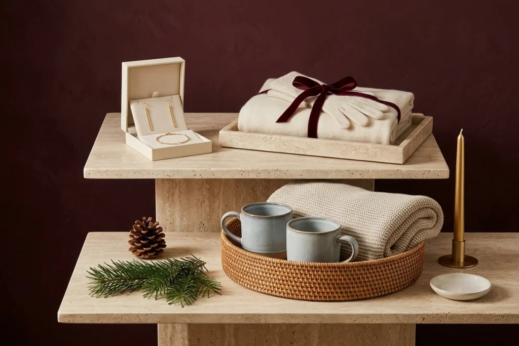 Two travertine tiers with an open cream box of gold drop earrings and a bracelet, a cream scarf and gloves tied with burgundy velvet ribbon on a stone tray, and a woven basket holding two blue-grey mugs and a knit blanket beside a brass taper candle and pine