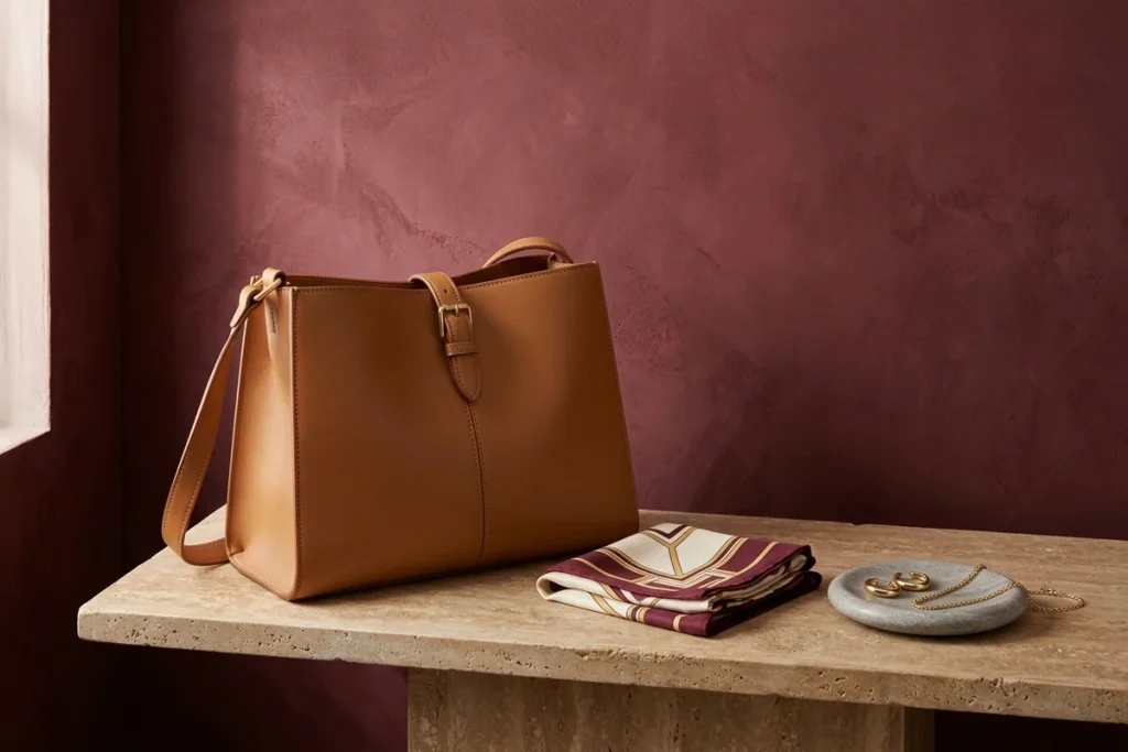 A tan leather shoulder bag on a travertine bench with a folded cream, burgundy and gold silk scarf and gold hoop earrings and a fine chain on a round stone dish, against a burgundy wall