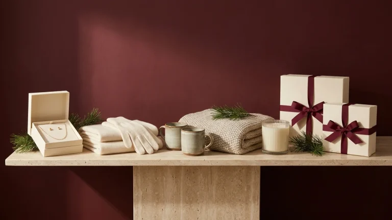 An open cream box with a gold necklace and stud earrings, a folded cream scarf with knit gloves, two speckled stoneware mugs, an oatmeal knit throw, a ribbed glass candle and two cream gift boxes tied with burgundy ribbon, with pine sprigs, on a travertine console against a burgundy wall
