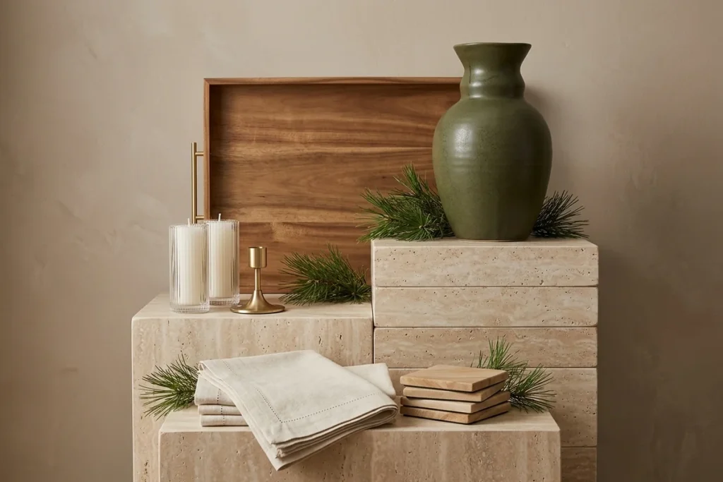Stacked travertine blocks holding a wooden serving tray, a green ceramic vase, two ribbed glass candles, a brass candle holder, folded linen napkins and a stack of stone coasters, with pine sprigs, against a taupe wall