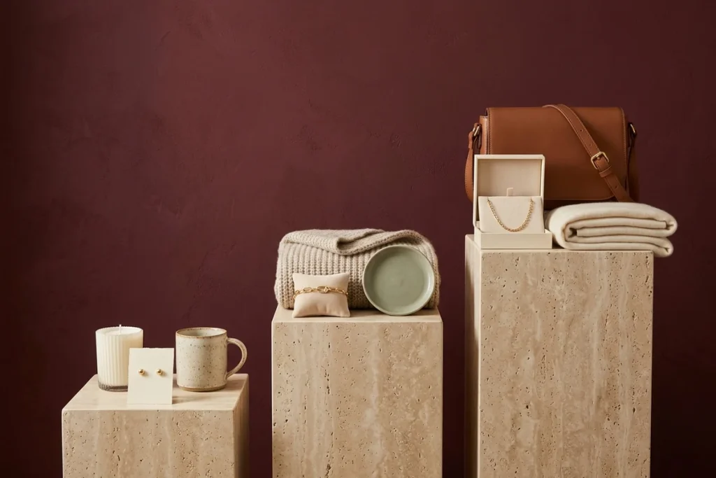 Three stepped travertine plinths of gifts against a burgundy wall: a ribbed candle, stud earrings on a card and a speckled mug; a knit scarf, a gold chain bracelet and a sage ceramic dish; a tan leather crossbody bag, a gold necklace in an open box and a folded cream throw