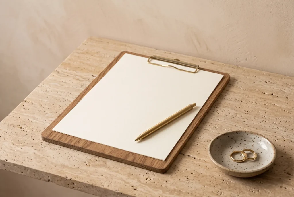 A wooden clipboard with a blank sheet of paper and a brass pen beside a dish of gold jewelry on a stone surface