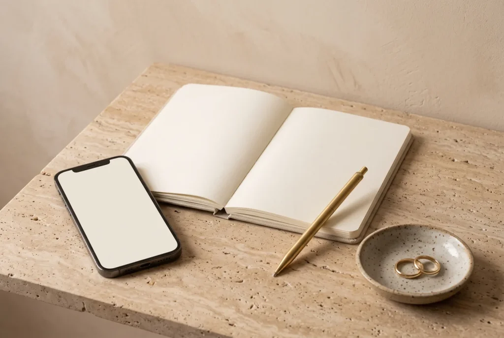 A phone with a blank screen beside an open blank notebook, a brass pen and a dish of gold rings on a stone surface