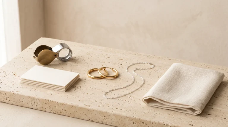 A jeweler's loupe, blank sample cards, gold hoop earrings and a silver chain laid out on a stone surface
