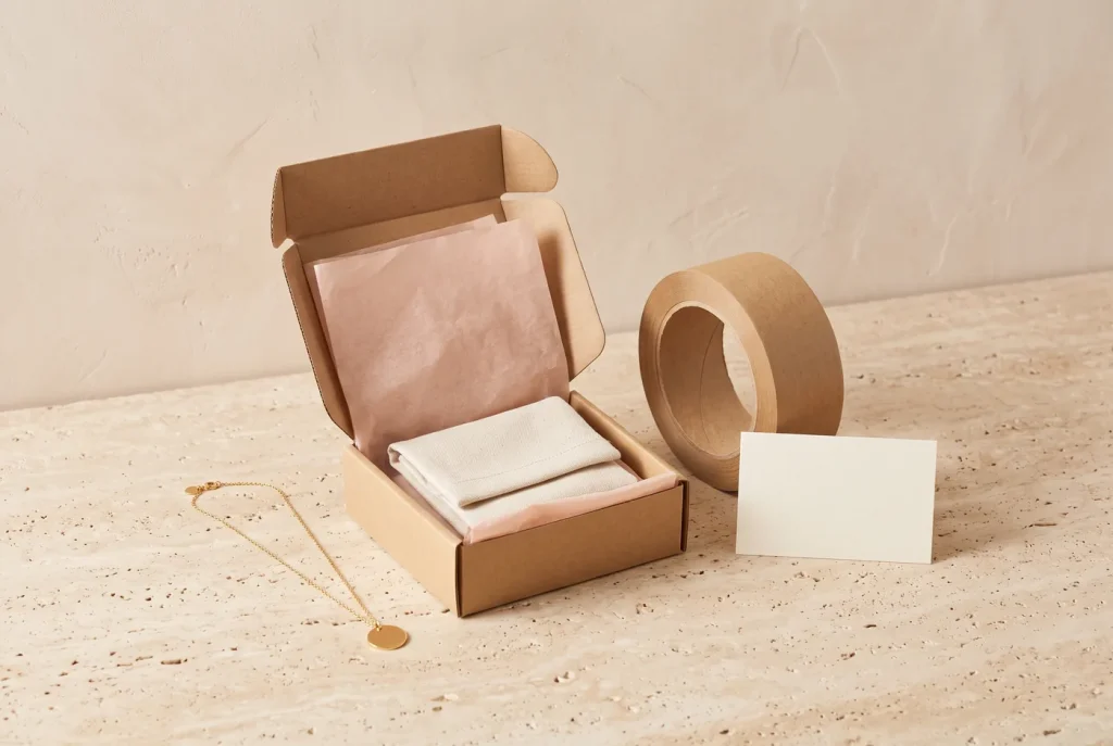 An open kraft shipping box with tissue paper and a jewelry pouch, a roll of paper tape and a blank label card on a stone surface