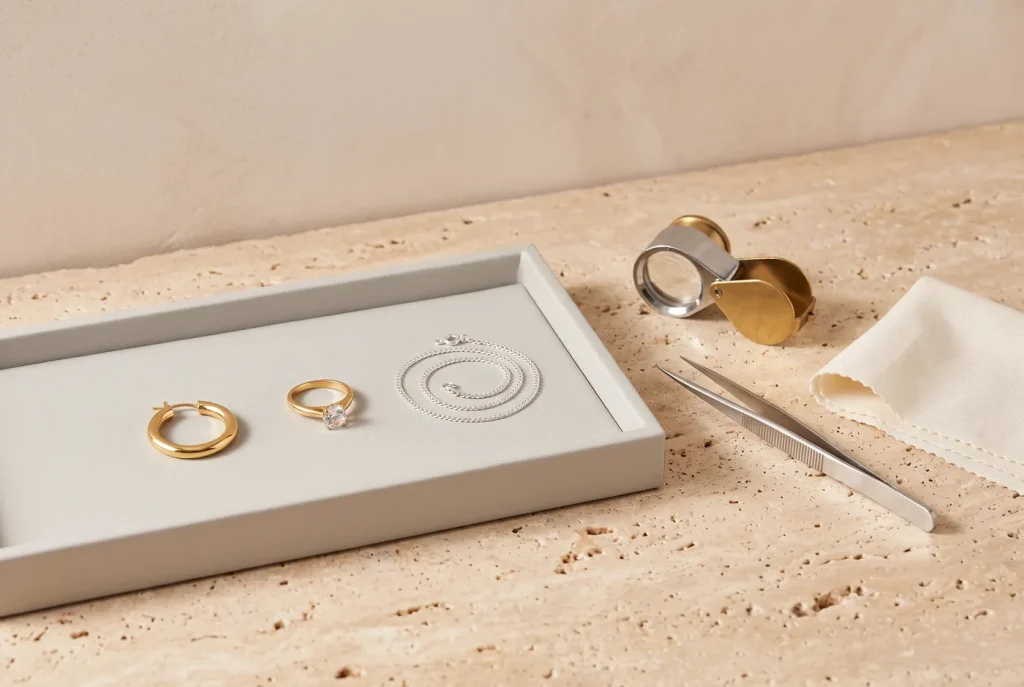 A jeweler's loupe, tweezers and polishing cloth beside a gold hoop, a stone-set ring and a silver chain on an inspection tray