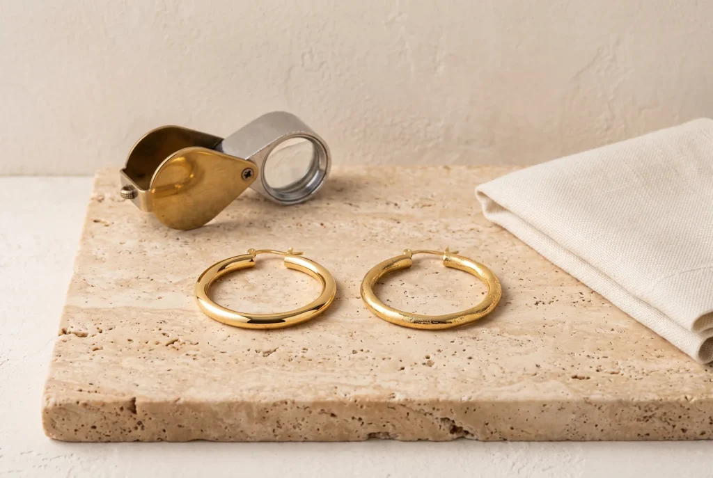 Two gold hoop earrings side by side on a stone slab, one smooth and evenly polished and one with patchy uneven plating, beside a jeweler's loupe