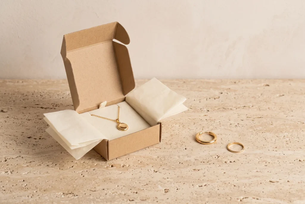 A small kraft box holding one gold pendant necklace beside a single hoop earring and one ring on a stone surface