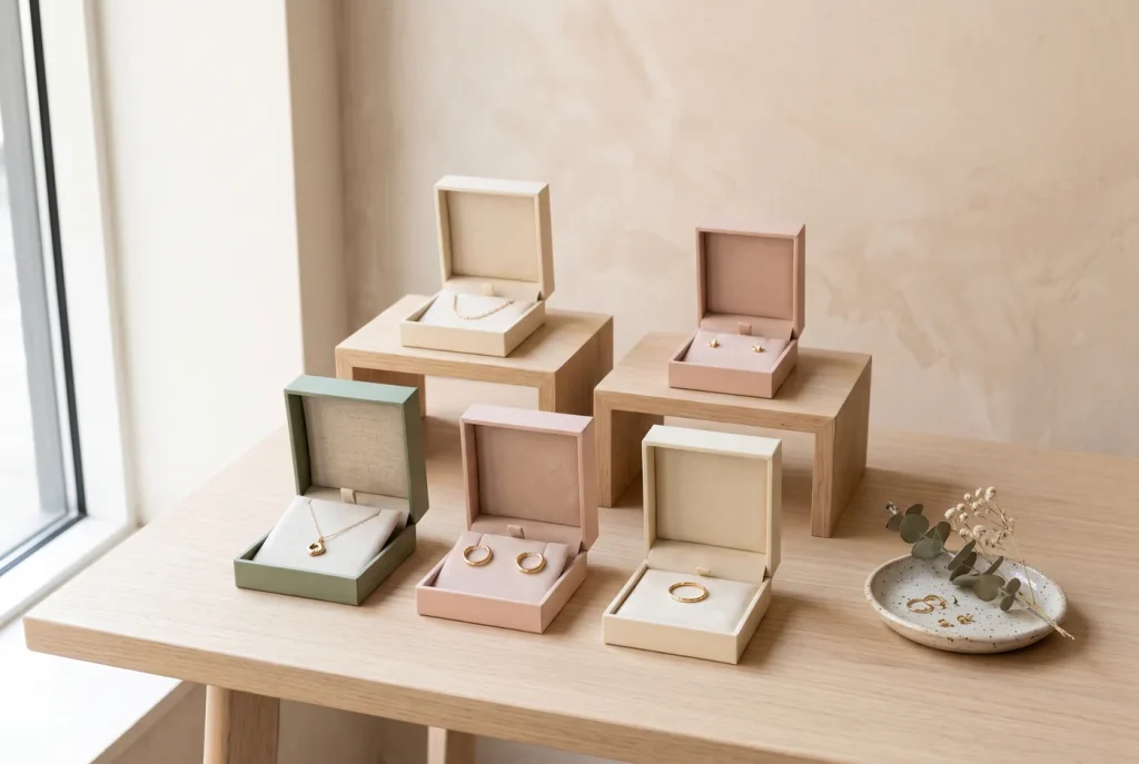 Open jewelry presentation boxes in sage, blush and cream holding gold necklaces, hoop earrings and rings on a pale oak boutique display table